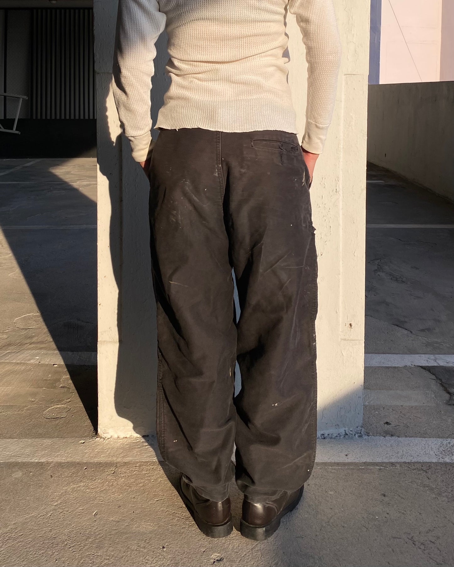 80s FRENCH BLACK MOLESKIN FADED AND DISTRESSED PANTS