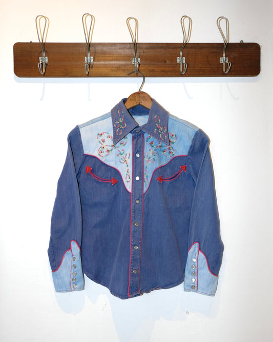 80s FLORAL EMBROIDERED TWO TONE WESTERN SHIRT