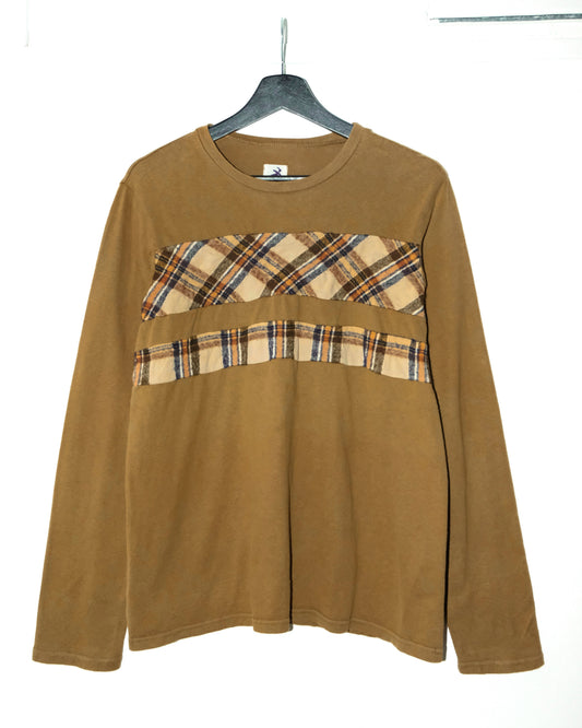 HAI SPORTING GEAR BY ISSEY MIYAKE OLIVE JUMPER WITH A PLAID PATCHWORK PANEL