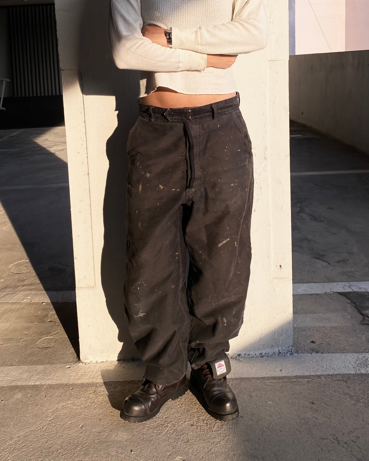 80s FRENCH BLACK MOLESKIN FADED AND DISTRESSED PANTS