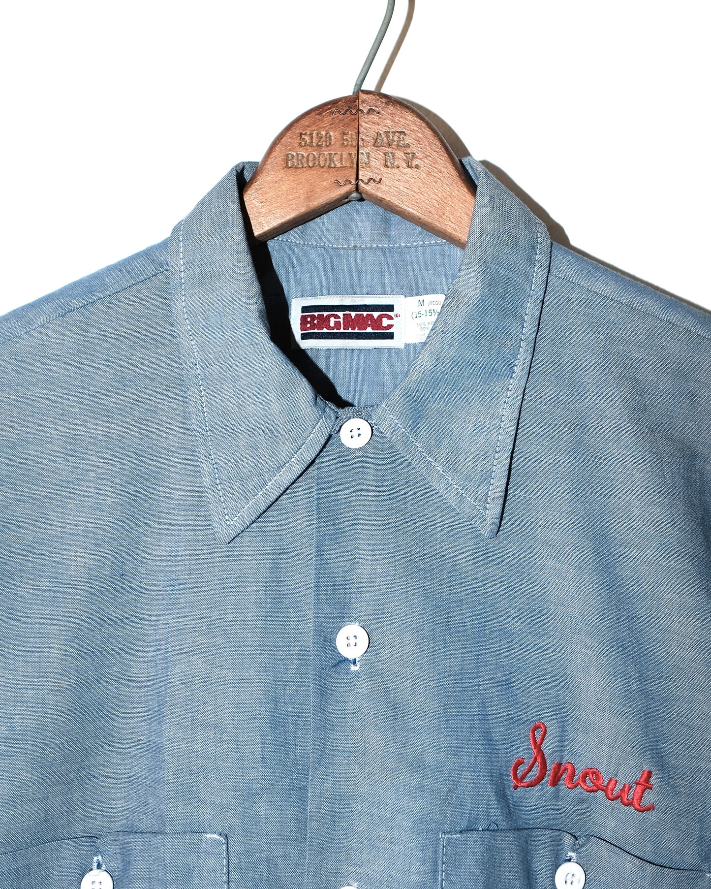 80s BIG MAC WORKWEAR CHAMBREY WITH CHAIN STITCHED & FLOCK PRINT