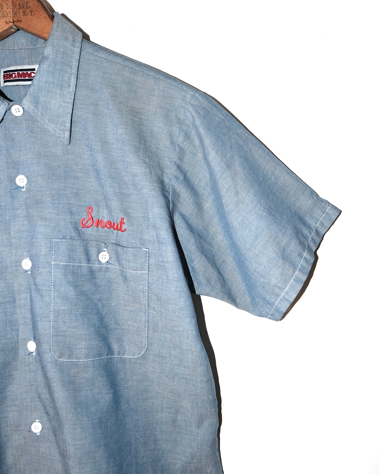 80s BIG MAC WORKWEAR CHAMBREY WITH CHAIN STITCHED & FLOCK PRINT