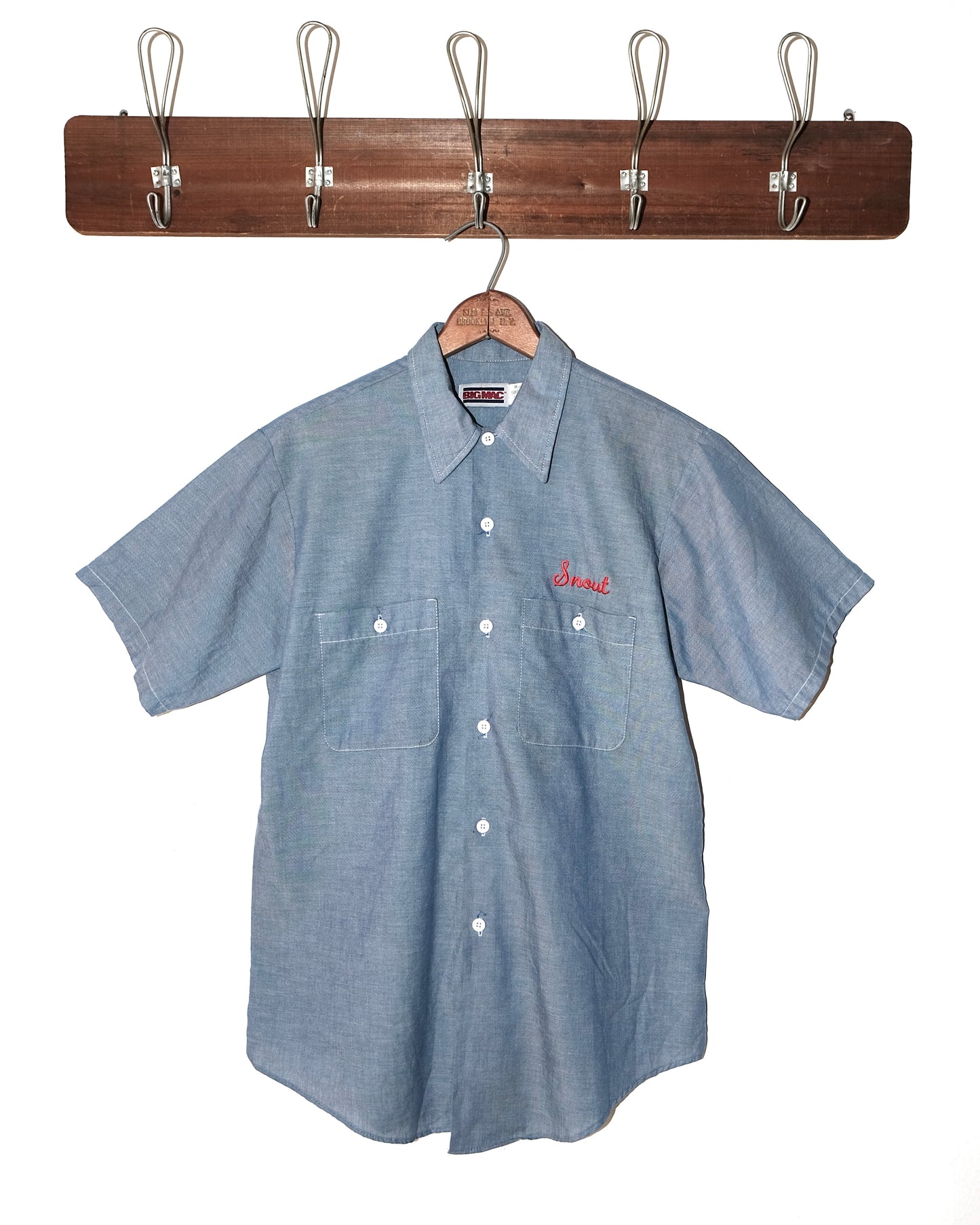 80s BIG MAC WORKWEAR CHAMBREY WITH CHAIN STITCHED & FLOCK PRINT