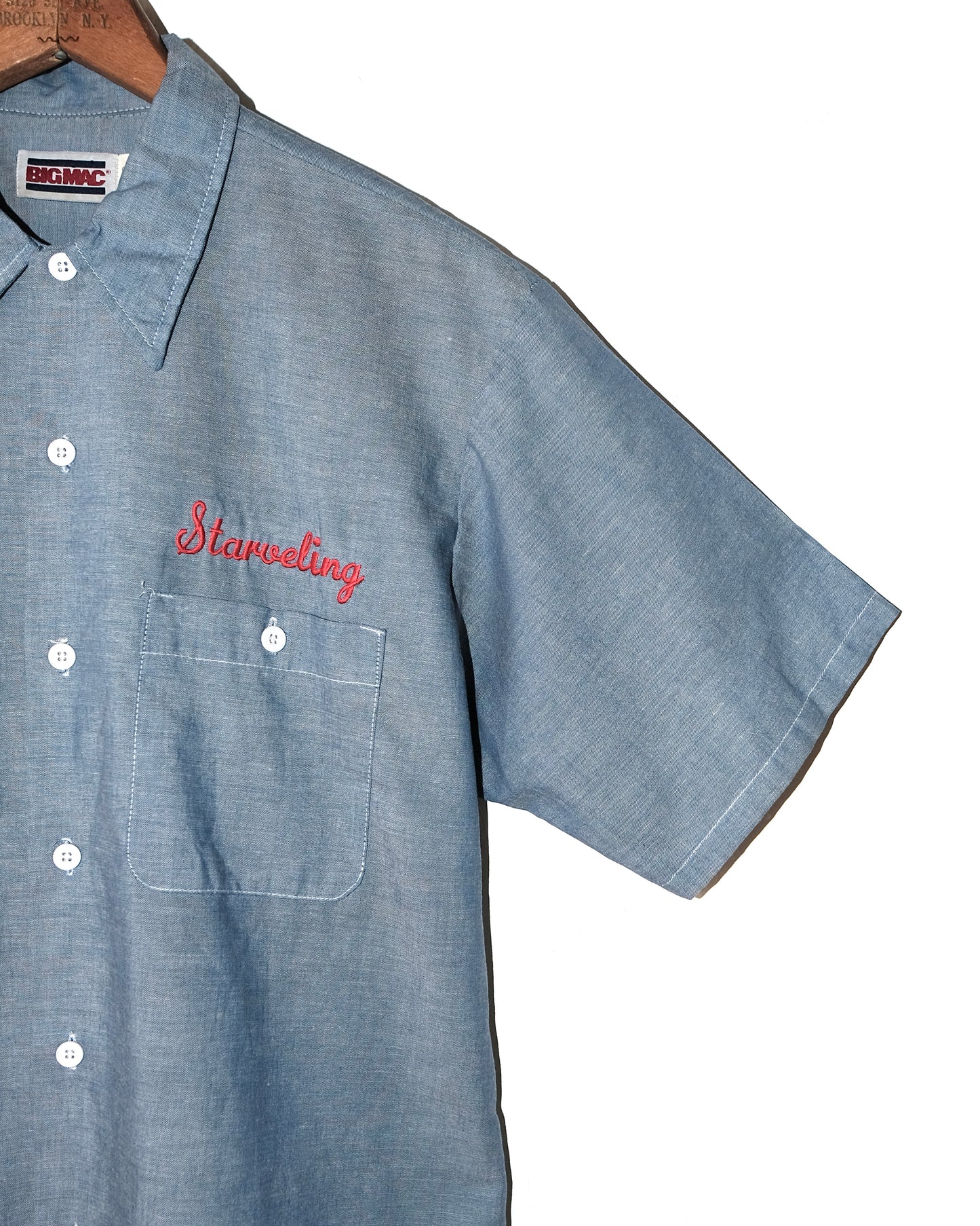 80s BIG MAC WORKWEAR CHAMBREY WITH CHAIN STITCHED & FLOCK PRINT