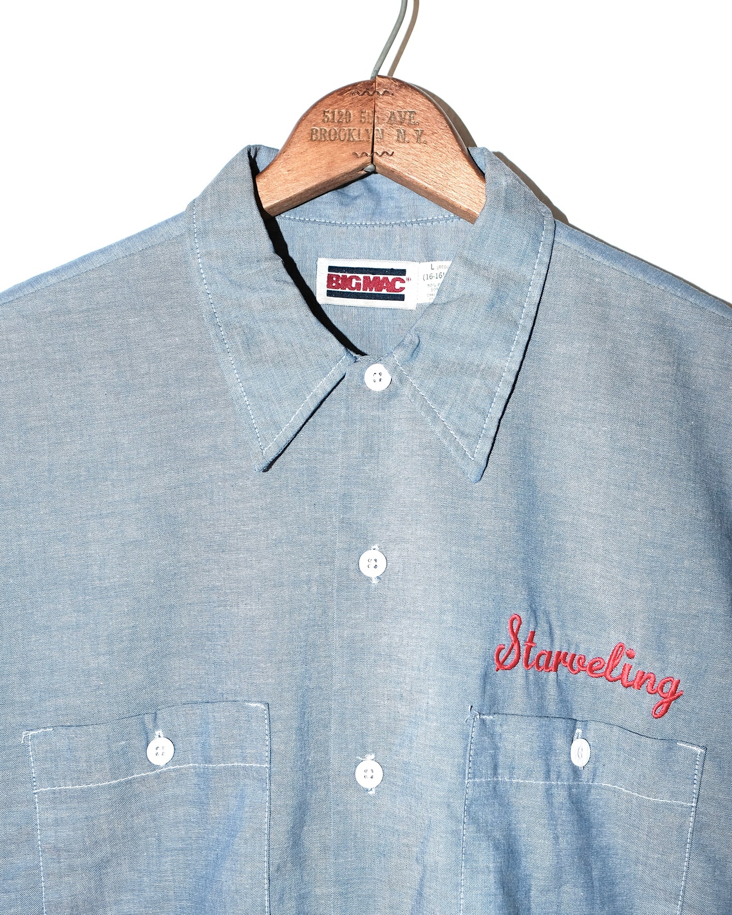 80s BIG MAC WORKWEAR CHAMBREY WITH CHAIN STITCHED & FLOCK PRINT