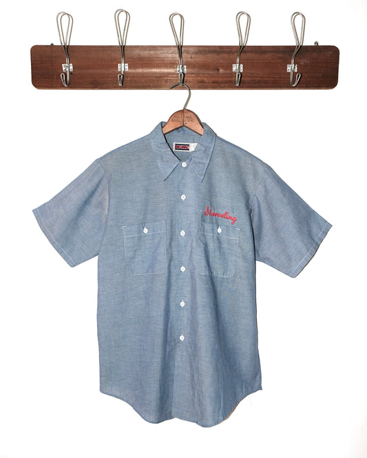 80s BIG MAC WORKWEAR CHAMBREY WITH CHAIN STITCHED & FLOCK PRINT