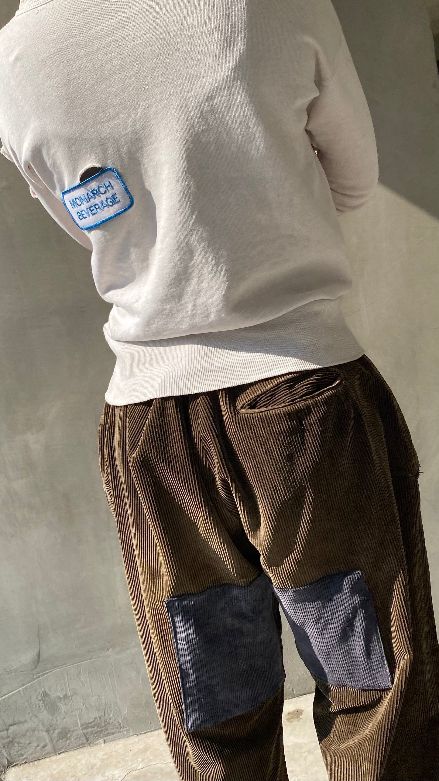 50s FRENCH CORDUROY BROWN FADED & PATCHES PANTS