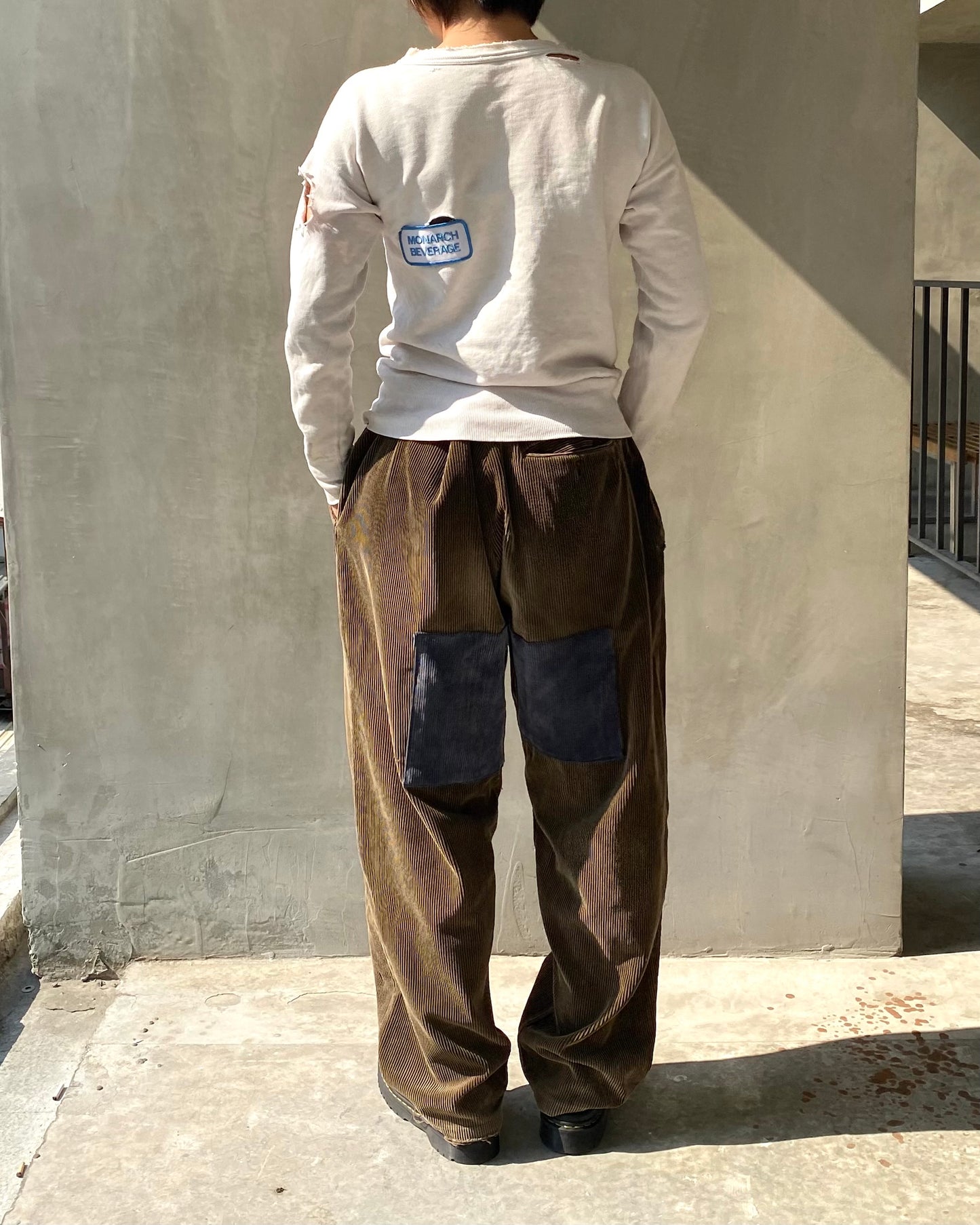 50s FRENCH CORDUROY BROWN FADED & PATCHES PANTS